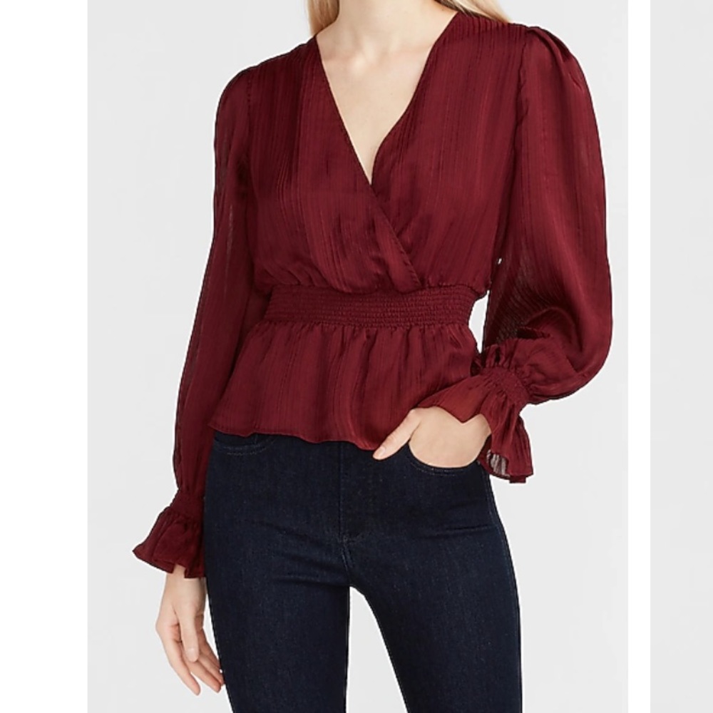 Express Textured Satin Smocked Peplum Top NW